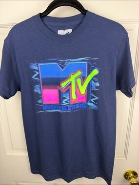MTV Navy Tee with Neon Blue, Pink & Green Logo